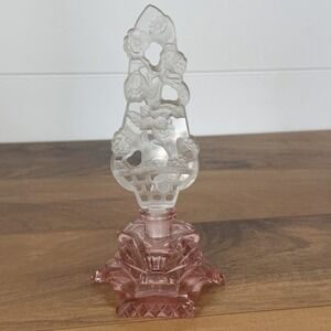Art Deco Czech Perfume Bottle Pink Cut Glass Etched Floral Dauber Boho Vanity